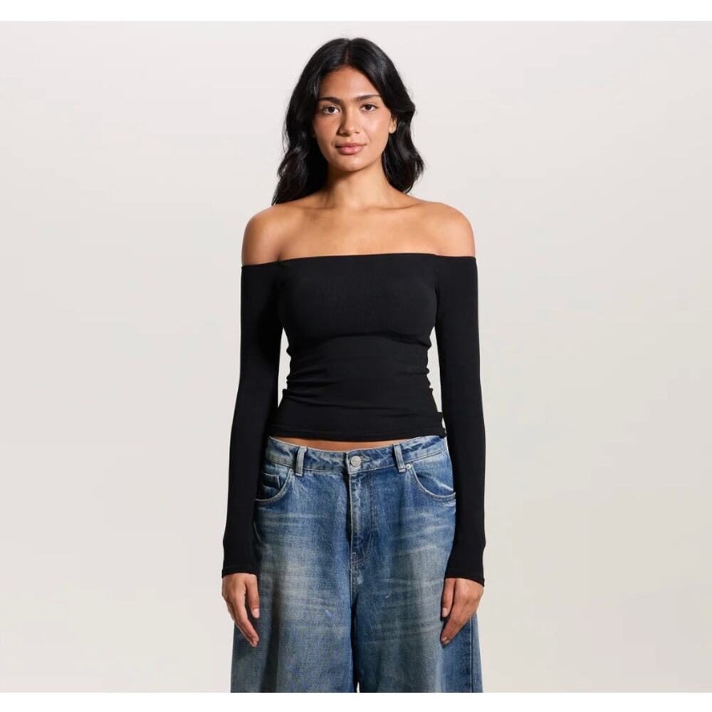 Klassy Network Ribbed Off-the-Shoulder Brami Top Black Women's XL